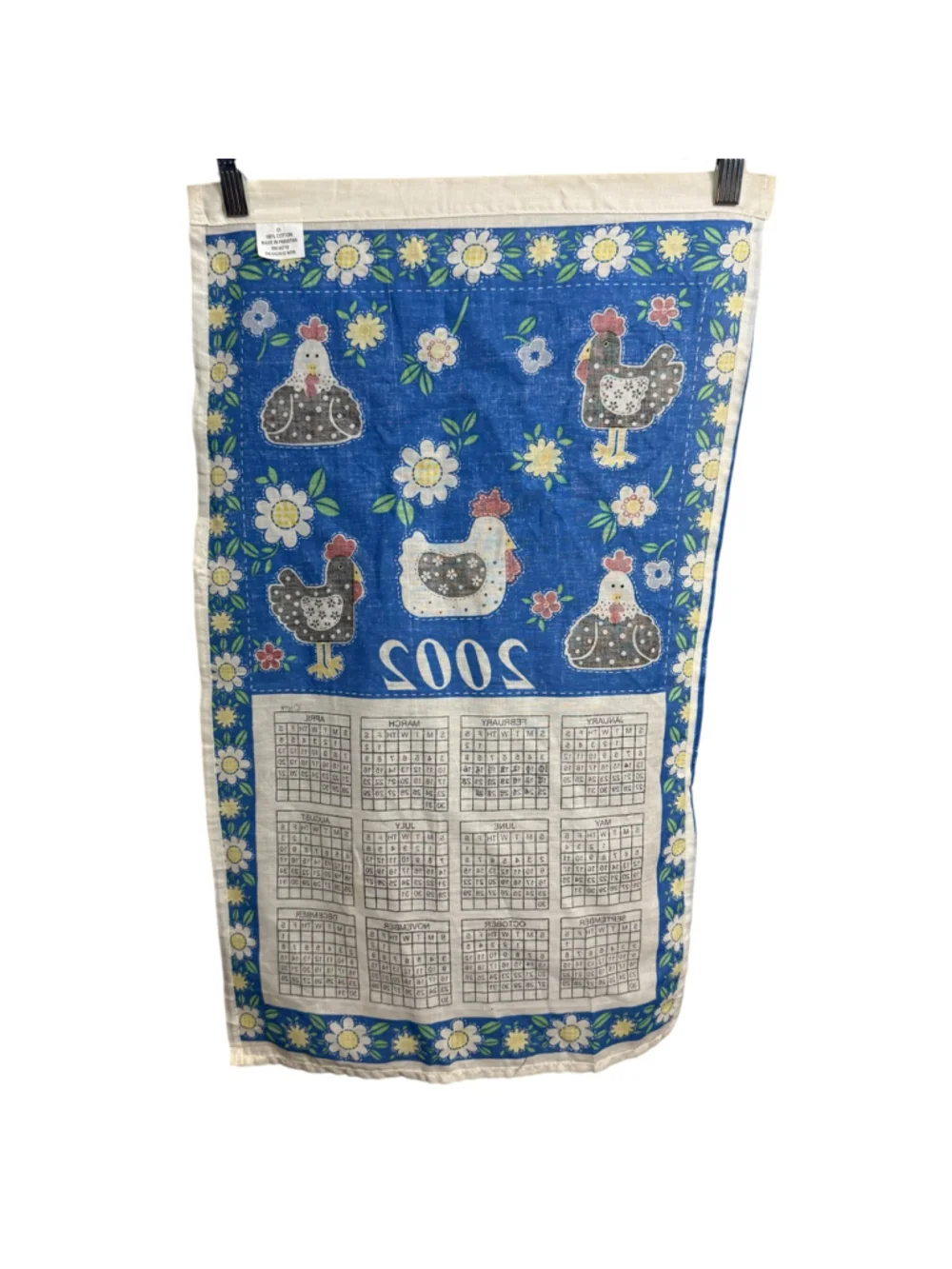 Vintage 2002 Chicken Rooster Calendar Tea Towel Blue Floral Cotton Kitchen Towel